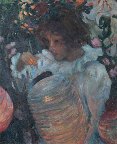 GIRL HOLDING A LANTERN IN A GARDEN OIL PAINTING