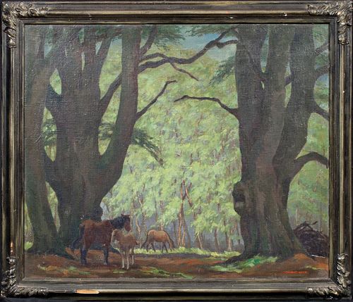  NEW FOREST WOODLAND LANDSCAPE & PONIE OIL PAINTING