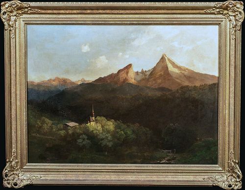 ALPS MOUNTAIN LANDSCAPE WITH CHURCH OIL PAINTING