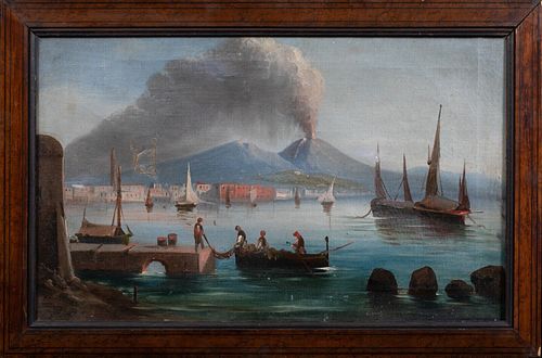  VIEW OF MOUNT VESUVIUS FROM THE BAY OF NAPLES OIL PAINTING