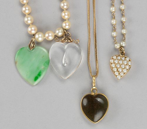 VINTAGE / CONTEMPORARY 14K AND OTHER YELLOW GOLD NECKLACES WITH HEART-SHAPED PENDANTS, LOT OF THREE