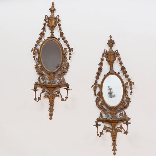 Pair of Late George III Giltwood and Gilt-Composition Two-Light Girandoles