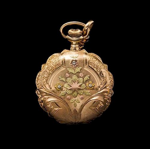 A 14 Karat Tricolor Gold Hunter Case Pocket Watch and Longchain, Elgin, Circa 1908,