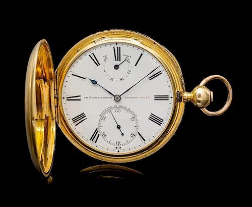 An 18 Karat Yellow Gold Hunter Case Key Wound Pocket Watch with Power Reserve, Charles Hollingside, London, Circa 1863,