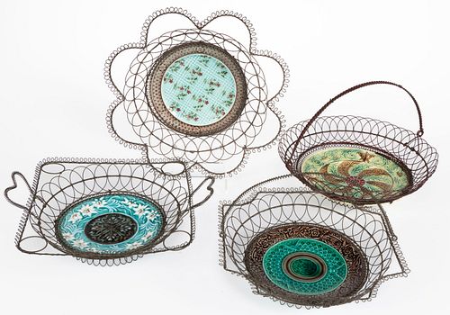 MAJOLICA CERAMIC PLATE WIRE-FRAMED BASKETS, LOT OF FOUR