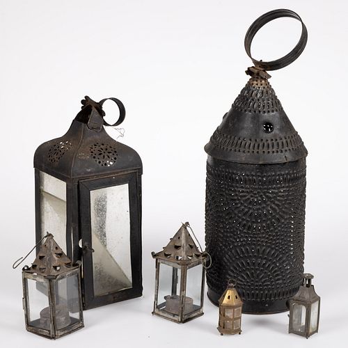 ASSORTED PIERCED / PUNCHED BRASS AND SHEET-IRON LANTERNS, LOT OF SIX