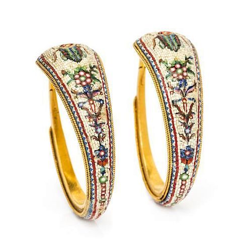 * A Pair of Egyptian Revival Yellow Gold Micromosaic Hoop Earrings, French, 10.00 dwts.