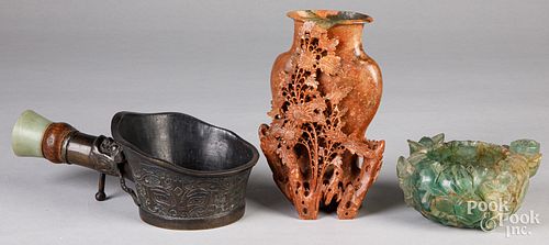 Chinese bronze iron, quartz bowl, and stone bowl