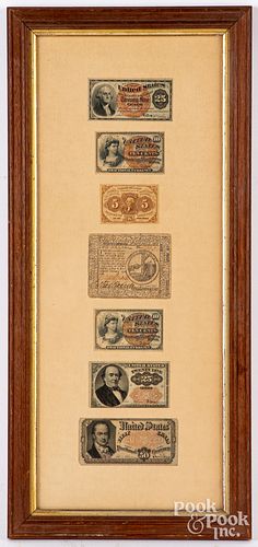 Framed group of fractional and colonial currency