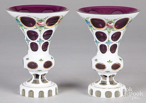 Pair of Bohemian opaque amethyst glass vases