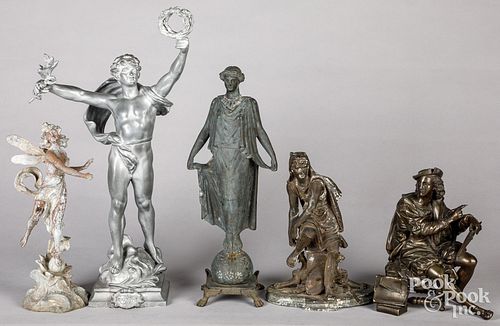 Five spelter sculptures