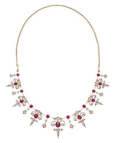 A Yellow Gold, Ruby and Diamond Fringe Necklace, Circa 1900, 14.40 dwts.
