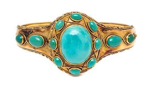 A Yellow Gold and Turquoise Bangle Bracelet, 20.70 dwts.