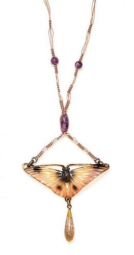 * An Art Nouveau Dyed Horn and Amethyst Pendant, Georges Pierre,