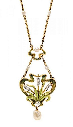 An Art Nouveau Yellow Gold, Pearl, Diamond and Enamel Convertible Lavalier Necklace, Bippart, Griscom & Osborn, 7.40 dwts.