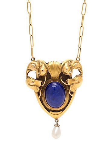 An Arts and Crafts Yellow Gold, Lapis Lazuli and Pearl Necklace, Kalo, 9.80 dwts.