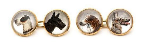 A Pair of 18 Karat Yellow Gold, Mother-of-Pearl and Essex Crystal Hunting Dog Motif Cufflinks, 6.90 dwts.