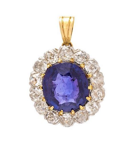 An Edwardian Platinum Topped Gold, Burmese Color Change Sapphire and Diamond Pendant, 4.00 dwts.