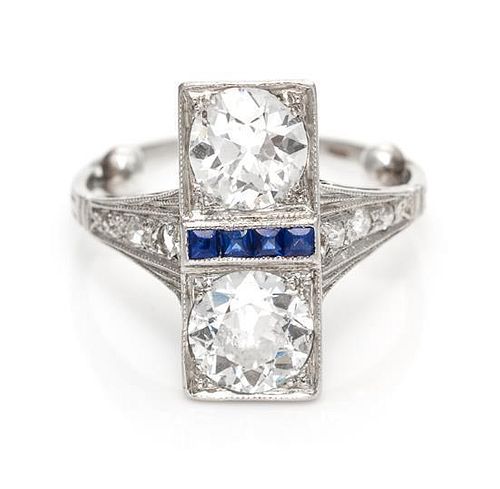 An Art Deco Platinum, Diamond and Sapphire Ring, 2.00 dwts.
