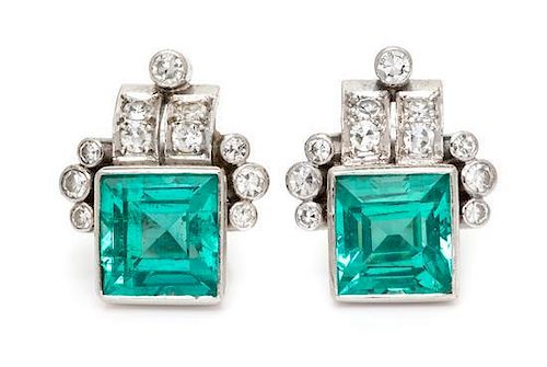 A Pair of Platinum, Emerald and Diamond Earrings, 3.30 dwts.