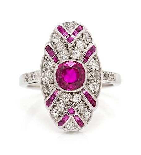 An Art Deco White Gold, Ruby and Diamond Ring, 2.80 dwts.