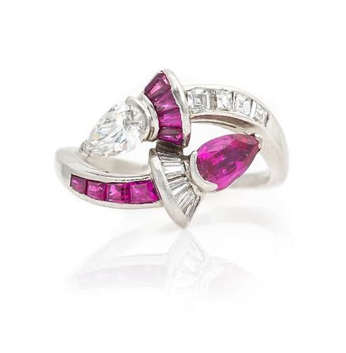 A Platinum, Diamond and Ruby Bypass Ring, 4.10 dwts.