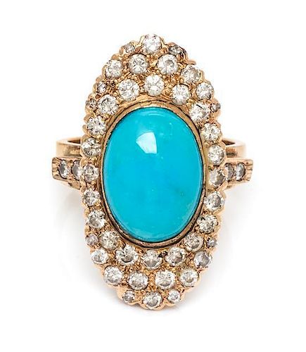 A Yellow Gold, Diamond and Turquoise Ring, 6.00 dwts.