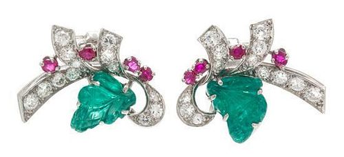 * A Pair of Platinum, Emerald, Ruby and Diamond Earclips, 6.50 dwts.