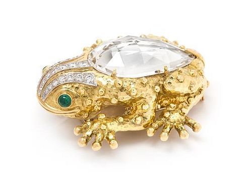 An 18 Karat Yellow Gold, Platinum, Rock Crystal and Emerald Frog Brooch, David Webb, 44.80 dwts.