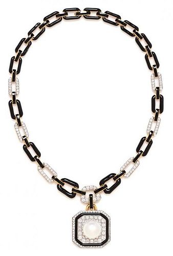 An 18 Karat Yellow Gold, Platinum, Cultured South Sea Pearl and Enamel Necklace, David Webb, 59.80 dwts.
