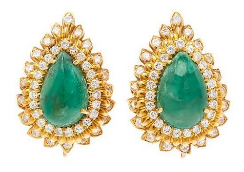 A Pair of 18 Karat Yellow Gold, Emerald and Diamond Earclips, David Webb, 18.50 dwts.