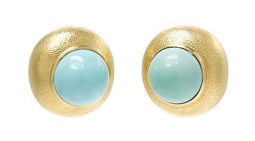 A Pair of 18 Karat Yellow Gold and Turquoise Earclips, David Webb, 32.60 dwts.
