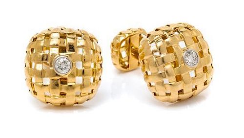 * A Pair of 18 Karat Yellow Gold, Platinum and Diamond Cufflinks, Tiffany & Co., 11.80 dwts.