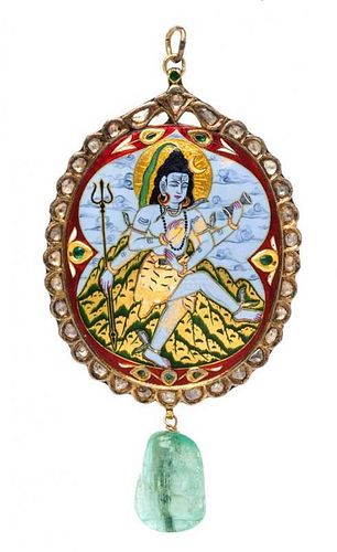 A Yellow Gold, Emerald, Diamond and Polychrome Enamel Reversible Pendant, East Indian, 30.30 dwts.
