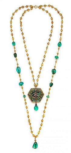 A Double Strand Yellow Gold, Emerald, Diamond, Ruby and Polychrome Enamel Necklace, Indian, 77.60 dwts.