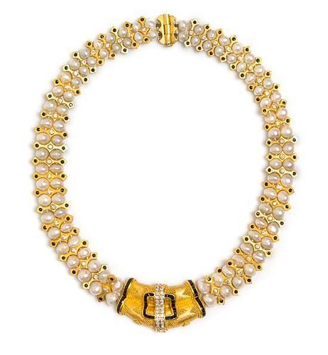 * A High Karat Gold, Diamond, Sapphire and Cultured Pearl Necklace, Hilat, Circa 1991, 86.35 dwts.