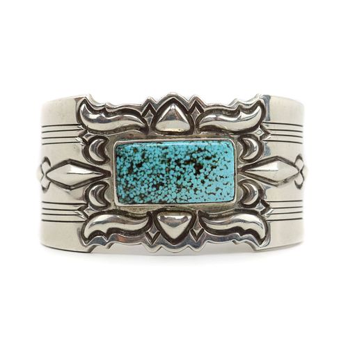 Gibson Nez - Navajo Silver and Turquoise Bracelet with Stamped Design c. 2000, size 6 (J15412)