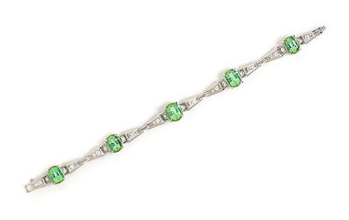 * A Platinum, Green Tourmaline and Diamond Bracelet, 16.00 dwts.