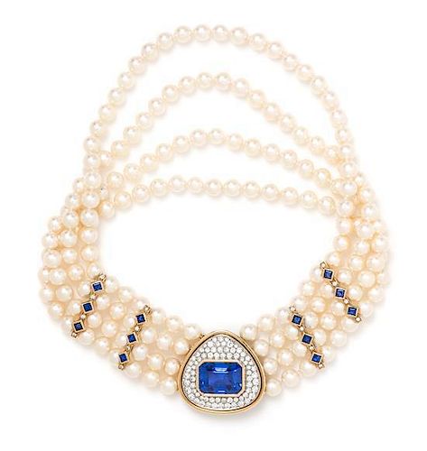 An 18 Karat Bicolor Gold, Ceylon Sapphire, Diamond and Cultured Pearl Necklace, French, 94.60 dwts.