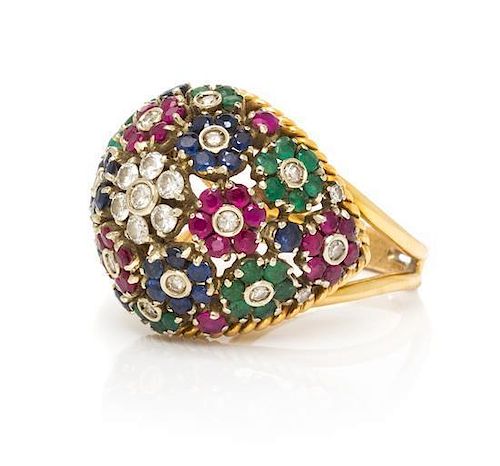 * A Bicolor Gold, Diamond and Multigem Bombe' Ring, 7.85 dwts.