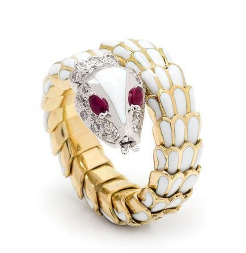 An 18 Karat Bicolor Gold, Diamond and Enamel Serpent Ring, 13.70 dwts.