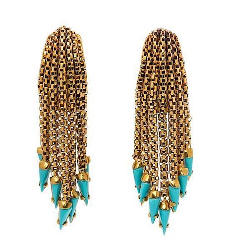 A Pair of 18 Karat Yellow Gold and Turquoise Tassel Earclips, Italian, 11.40 dwts.