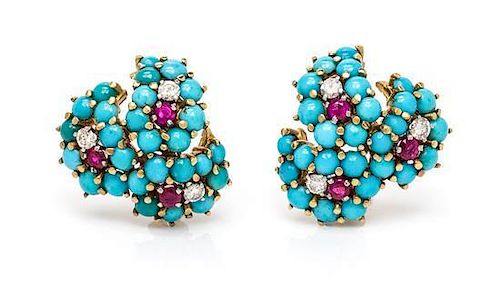 A Pair of Yellow Gold, Turquoise, Diamond and Ruby Earclips, 9.90 dwts.