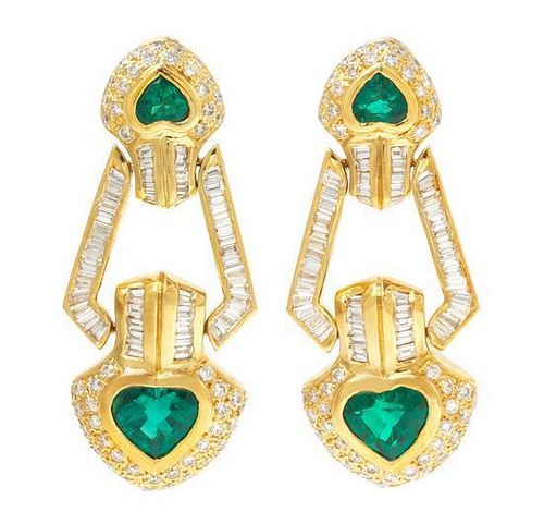 * A Pair of 18 Karat Yellow Gold, Emerald and Diamond Pendant Earclips, 18.40 dwts.