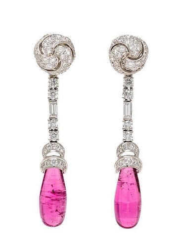 A Pair of Platinum, Rubellite, and Diamond "Knot" Earclips, Verdura, 10.00 dwts.