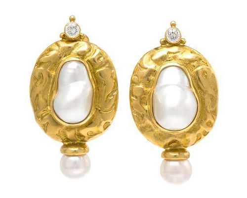 A Pair of 18 Karat Yellow Gold, Cultured Pearl and Diamond Earclips, Elizabeth Gage, 18.70 dwts.
