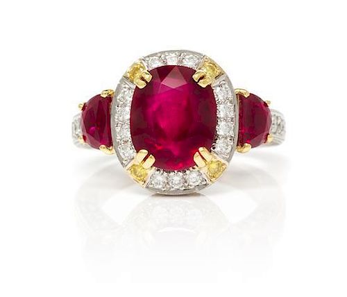 A Platinum, Yellow Gold, Burmese Ruby, Colored Diamond and Diamond "Signed Originals" Ring, Micheal Beaudry, 9.30 dwts.