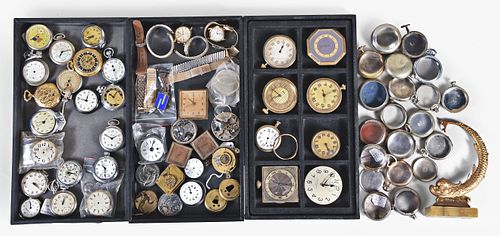 A lot of travel clock parts pocket watch movements and cases and more