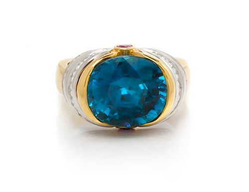 An 18 Karat Yellow Gold, Platinum, Blue Zircon, Diamond, and Pink Sapphire Ring, Krementz, 10.00 dwts.