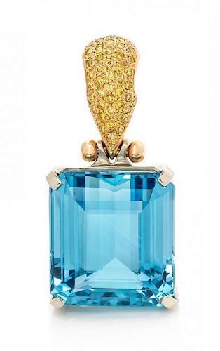A Bicolor Gold, Aquamarine and Colored Diamond Pendant, 18.50 dwts.